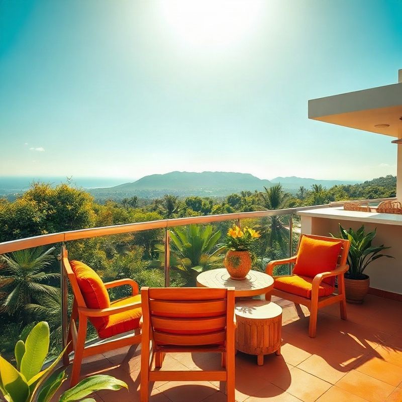 Terrace of a rental apartment in Florianópolis overlooking a tropical garden in morning light