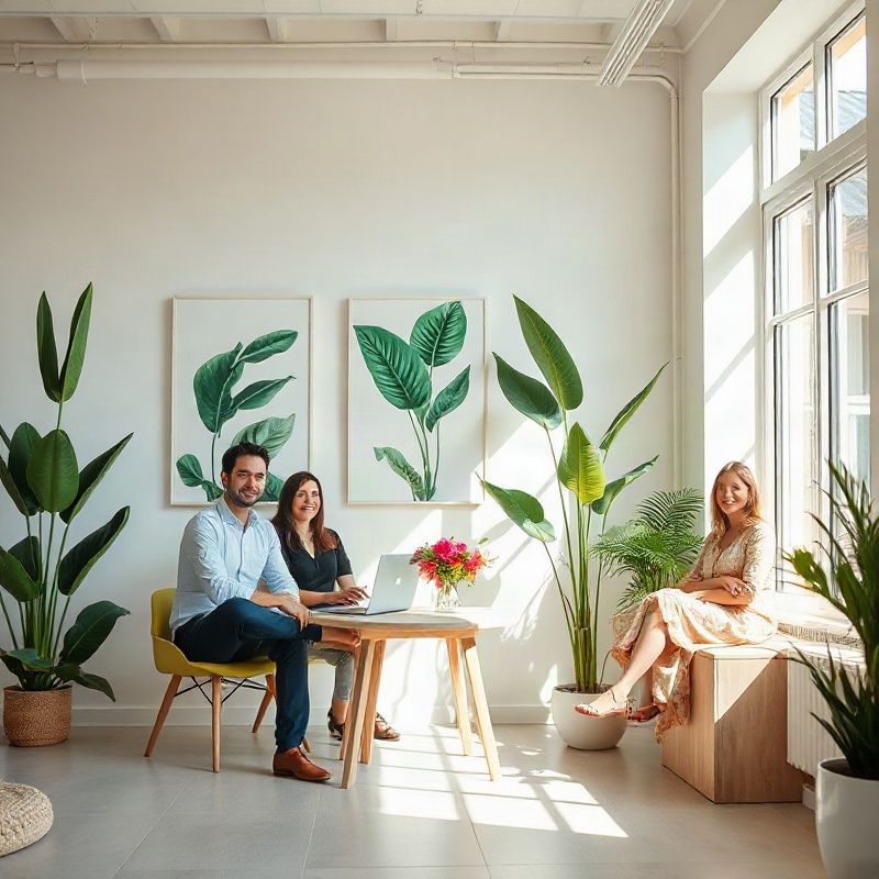 A small real estate team in a bright Florianópolis office with botanical prints on the walls