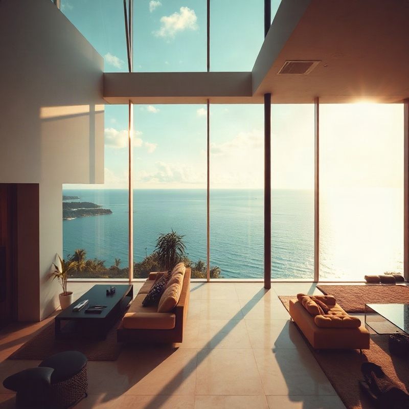 Interior of a Florianópolis penthouse with floor-to-ceiling glass overlooking the ocean