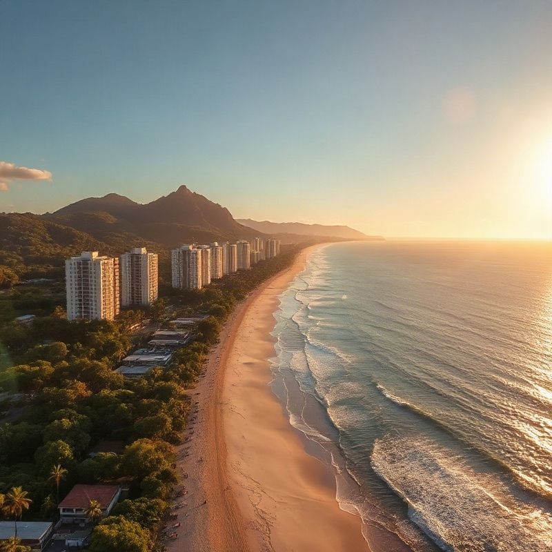 Aerial view of the Florianópolis coastline at golden hour with emerald ocean and modernist residences